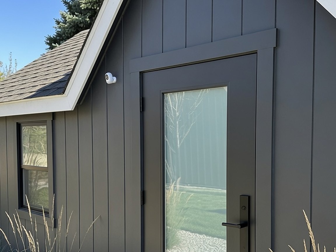 An exterior camera mounted above the side entry door of a modern home, covering the door and approach.